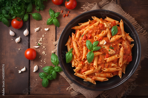 Penne pasta with tomato sauce and basil on wooden background photo