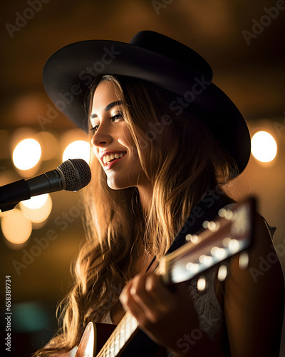 Beautiful young country musician with guitar, singing in a bar