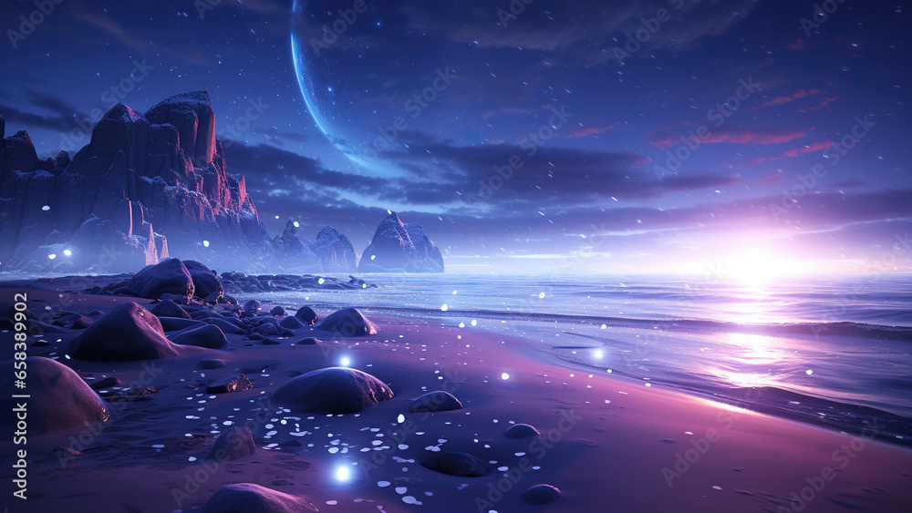 This is a surreal and exquisite CG rendering. Night, the light blue of the sky, covering the beach glaciers, purple crystal heart stone, light path, feathers, moon, stars, art, high resolution.