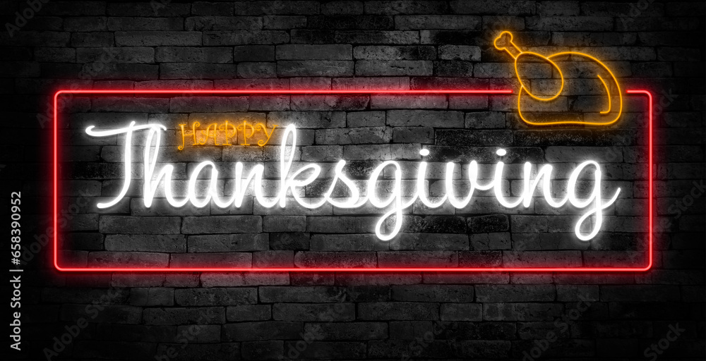 Happy thanksgiving day neon sign. Greeting card on brick wall background. Happy thanksgiving day neon sign. Greeting card on brick wall background.