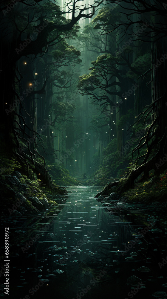 a dark forest with a stream in the middle