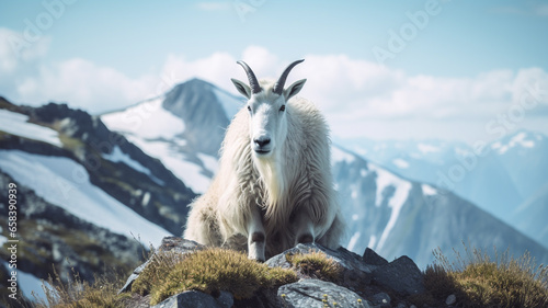 Fotografia a mountain goat sitting on a rocky mountain