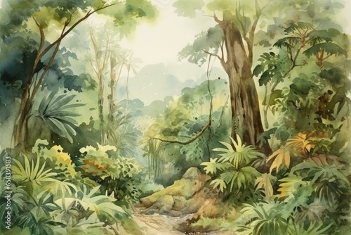 Artistic watercolor depicting a scenic African tropical forest. Generative AI