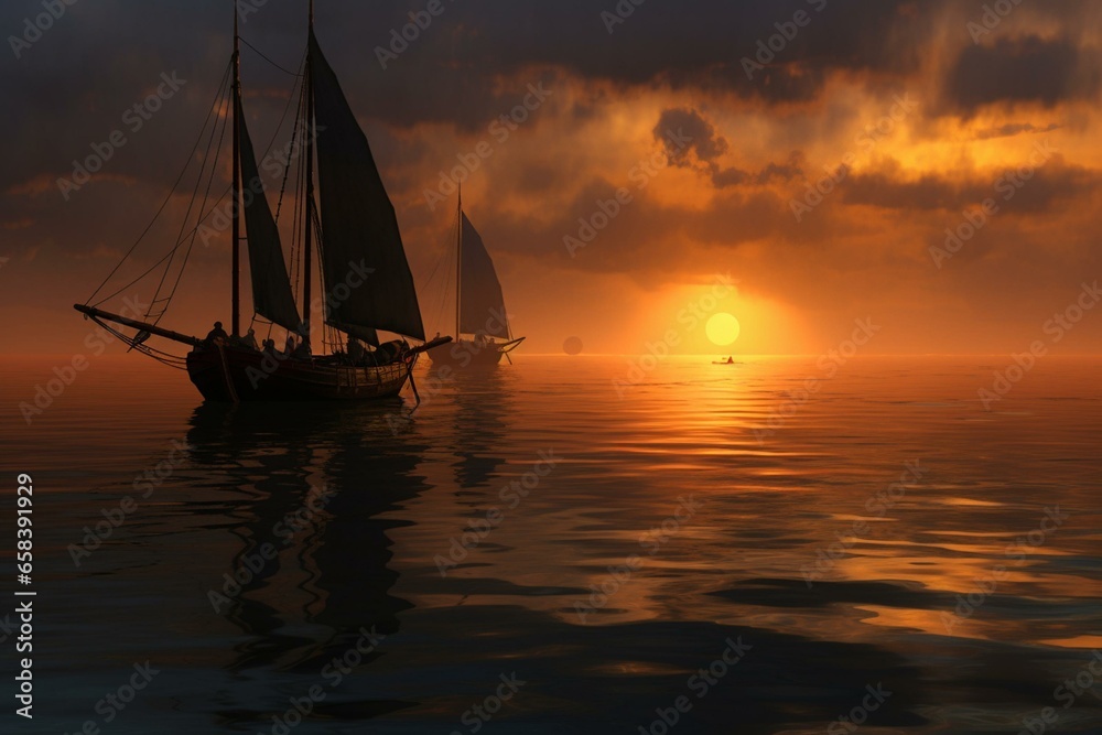 boats on sea at daybreak. Generative AI