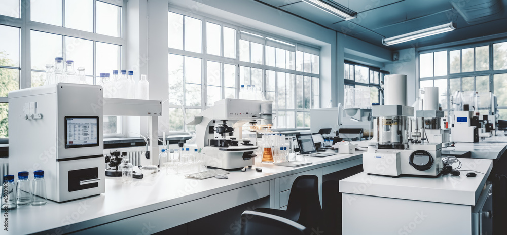 Modern science laboratory with cabinets, research desks, computers and other analytic equipment. Generative AI