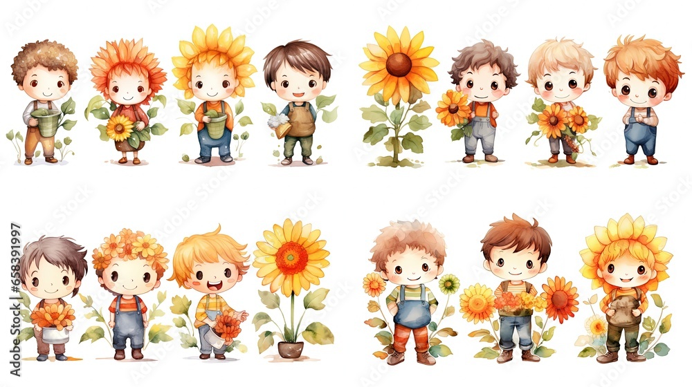 watercolor style illustration of group of cute farmer boy wearing Overall pants and hat with flower blossom, isolated on white background, collection set, Generative Ai
