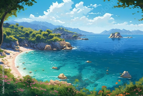 A serene coastline with turquoise waters, surrounded by vibrant foliage beneath a sunny sky. Generative AI