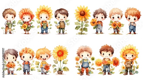 watercolor style illustration of group of cute farmer boy wearing Overall pants and hat with flower blossom, isolated on white background, collection set, Generative Ai 
