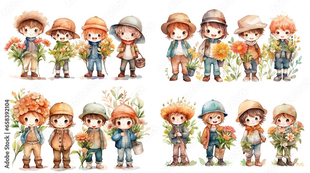watercolor style illustration of group of cute farmer boy wearing Overall pants and hat with flower blossom, isolated on white background, collection set, Generative Ai
watercolor style illustration of group of cute farmer boy wearing Overall pants and hat with flower blossom, isolated on white background, collection set, Generative Ai