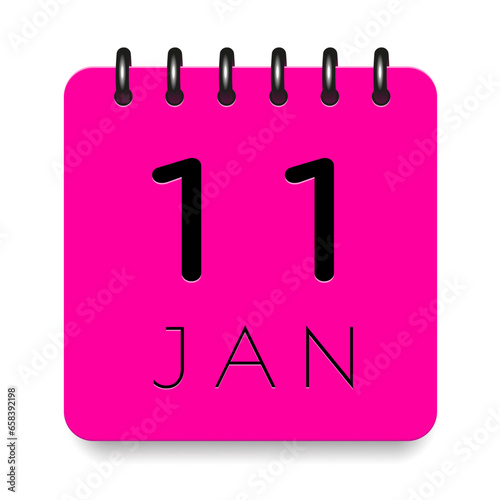11 day of the month. January. Pink calendar daily icon. Black letters. Date day week Sunday, Monday, Tuesday, Wednesday, Thursday, Friday, Saturday. Cut paper. White background. Vector illustration.