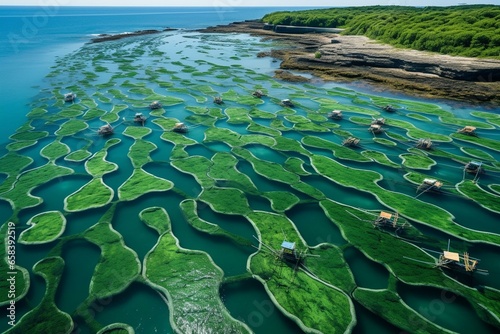 Aerial perspective of seaweed farming in Nusa Lembongan, Bali's aquaculture, Indonesia. Generative AI