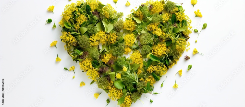 Valentine s card with eco style featuring a heart made of dried flowers and leaves from medicinal plants like St John s wort and tutsan Love herbal tea - obrazy, fototapety, plakaty 