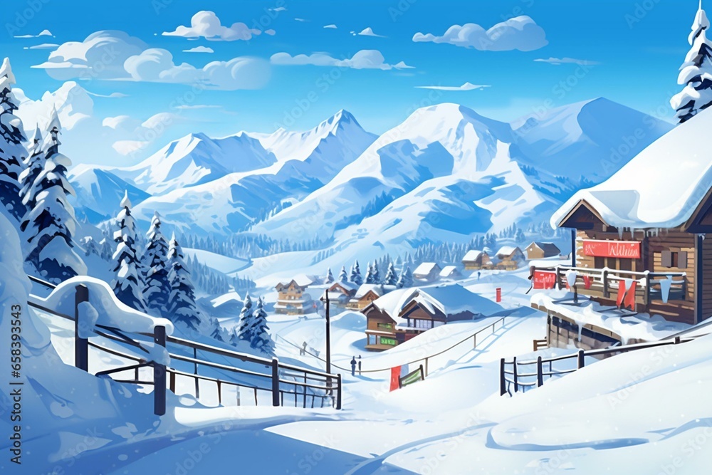 Illustrated winter ski resort scenes. Generative AI - obrazy, fototapety, plakaty 