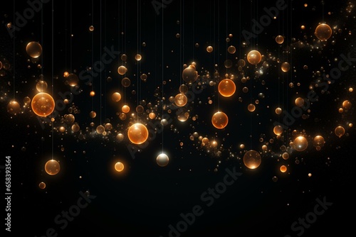 Abstract illustration of shiny balls in random order hanging in the air on a black background. A cloud of orange shiny bubbles. Generative AI