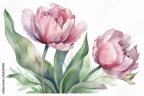 Watercolor illustration of pink double tulips with green leaves on transparent background for various occasions. Generative AI