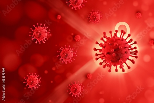 An image showing the word covid-19 on a red backdrop and virus cell shapes in the background. Generative AI