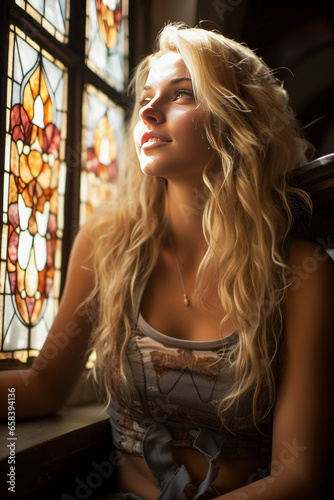 Spiritual blonde woman in church bathed by sunlight through stained glass.