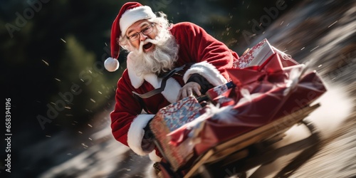 Santa Claus Spreads Christmas Joy: Laughing Santa Rushes Down a Snowy Mountain on a Wooden Sleigh, Delivering Holiday Gifts