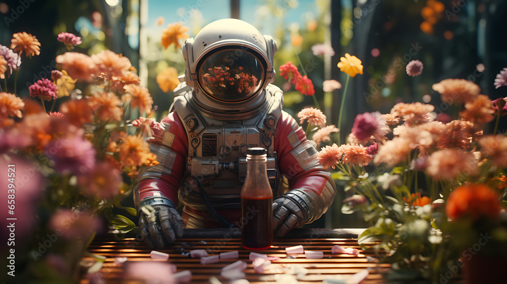 Obraz premium astronaut in a field with wild flowers growing - concept art. 