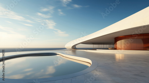Curved surreal-style abstract architectural detail in a sunlit, pristine space, a masterpiece of modern design