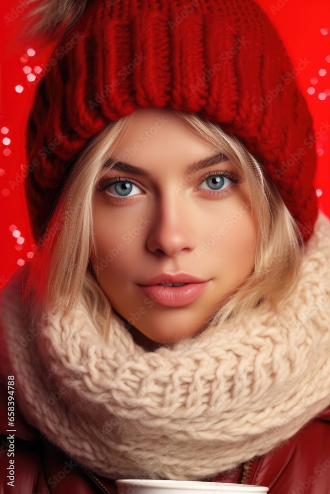 Frozen young woman in winter clothes with cup of hot coffee on red Christmas background Frozen young woman in winter clothes with cup of hot coffee on red Christmas background