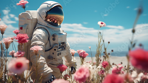 astronaut in a field with wild flowers growing - concept art. 