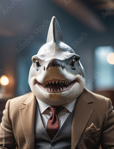 portrait of beautiful cinematic picture of a shark mobster, smoking his cigar . shallow depth of field photo