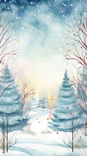 Whimsical winter scene with hand-drawn trees and a watercolor frame.