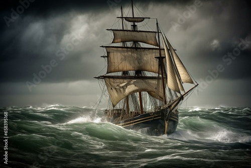 Old sailing vessel battling fierce weather. Generative AI
