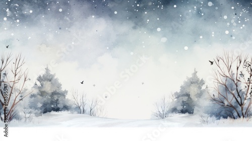 Rustic winter scene with a watercolor border and snowflakes