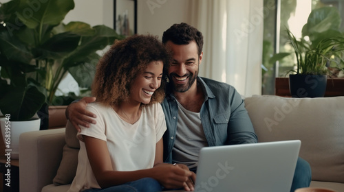 Happy Multiracial Couple is seated on their sofa, browsing the internet on th...