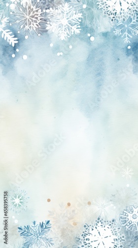 Pastel winter snowflakes with a watercolor border and wooden frame