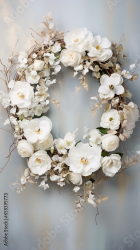 Elegant winter wreath with white flowers and a watercolor frame