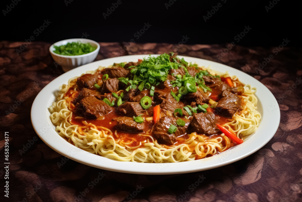 Pasta and goulash meat stew with vegetables on white plate on table dark background. Pasta and goulash meat stew with vegetables on white plate on table dark background.