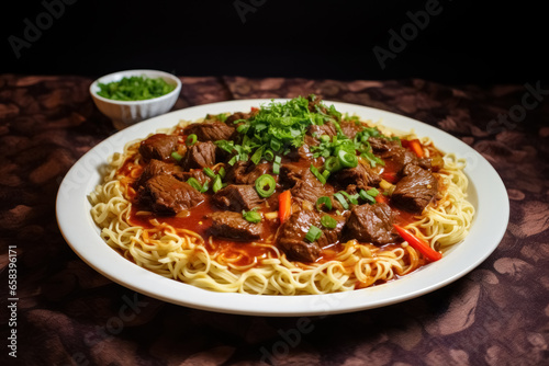 Pasta and goulash meat stew with vegetables on white plate on table dark background. 