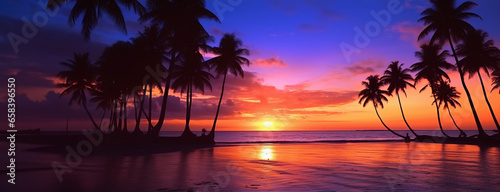 Beautiful sunset over the sea with a view at palms on the white beach on a Caribbean island © © Raymond Orton