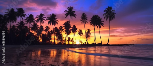 Beautiful sunset over the sea with a view at palms on the white beach on a Caribbean island