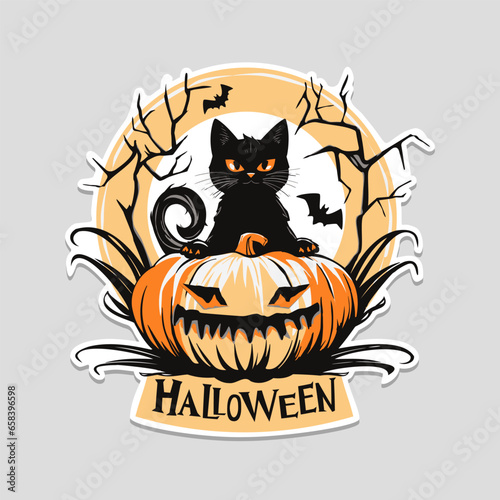 Black cat sitting on a Halloween pumpkin. Stiker, banner and card for Halloween