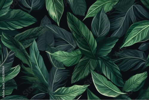 Seamless tropical pattern with green leaves on a dark plant background. Ideal for fabric, wallpaper, and paper design. Generative AI
