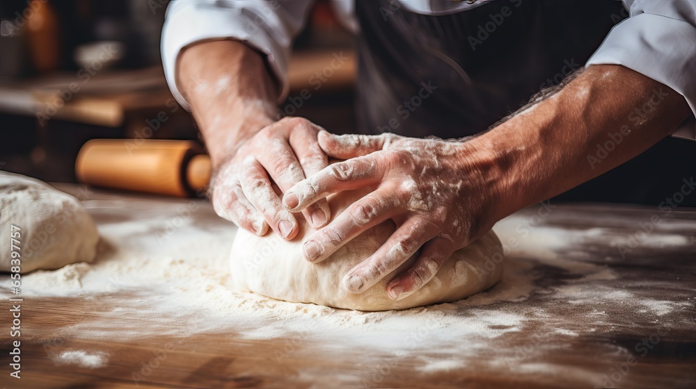 Man's Hands Kneading Pizza or Pasta Dough with Flour
