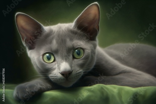Young Korat cat lying down in a comical pose, gazing at the camera with vibrant green eyes and attitude. Generative AI