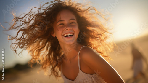Portrait of a little happy girl on a blurred background, beautiful lighting. © ArturSniezhyn