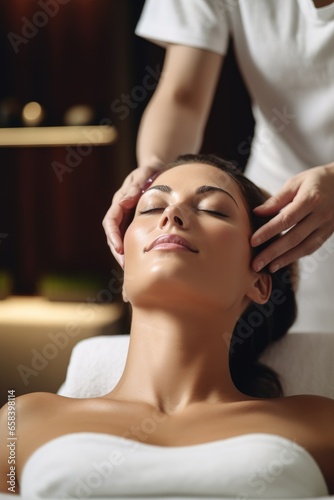 Gorgeous 40 year old woman getting a head massaged in a spa studio, close up shot
