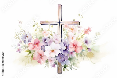 Fotografija Artwork of watercolor wildflowers on a cross, featuring meadow florals for religious occasions like baptism or Easter, as well as rustic wedding cards