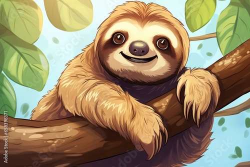 Funny sloth in nature. Drawn cartoon animal illustration.