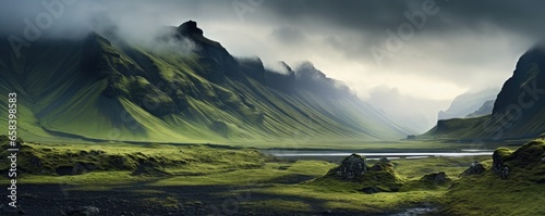 Nature landscape panorama mountains. Icelandic valleys with a river. Generative ai