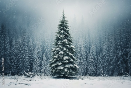 A towering evergreen stands in the snow, seeming like a vibrant symbol. The silent forest only hears distant sleigh bells. Generative AI