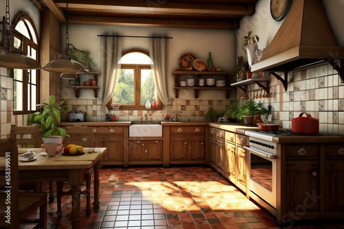 Traditional wood kitchen white tiles. Generative AI