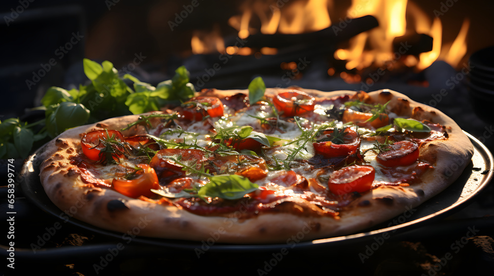 Tasteful homemade pizza baked in a wood fired pizza oven.