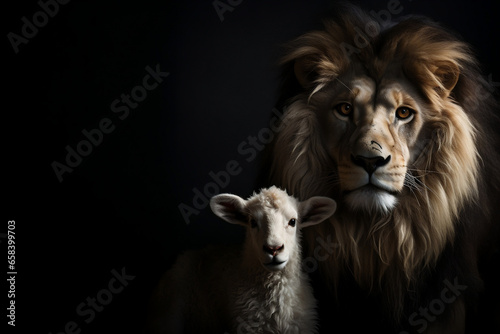 a Lion and a Lamb together on a black background with copyspace